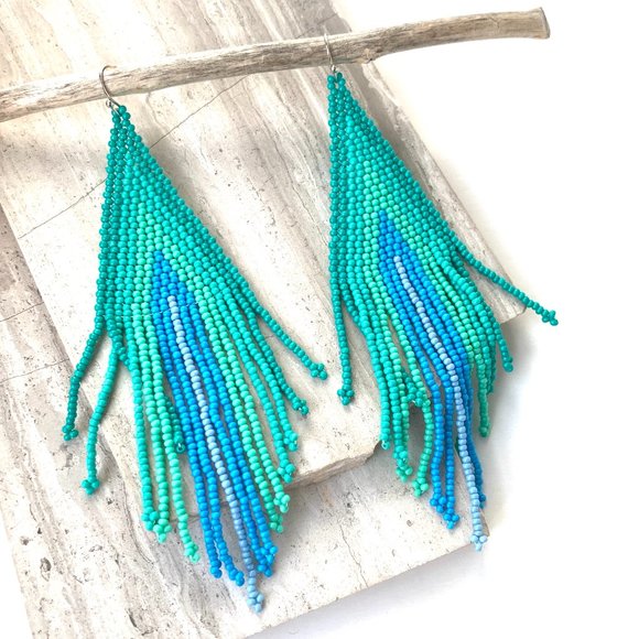 NEW~ Free People Turquoise Ombré Beaded Tassel Earrings - Picture 4 of 6